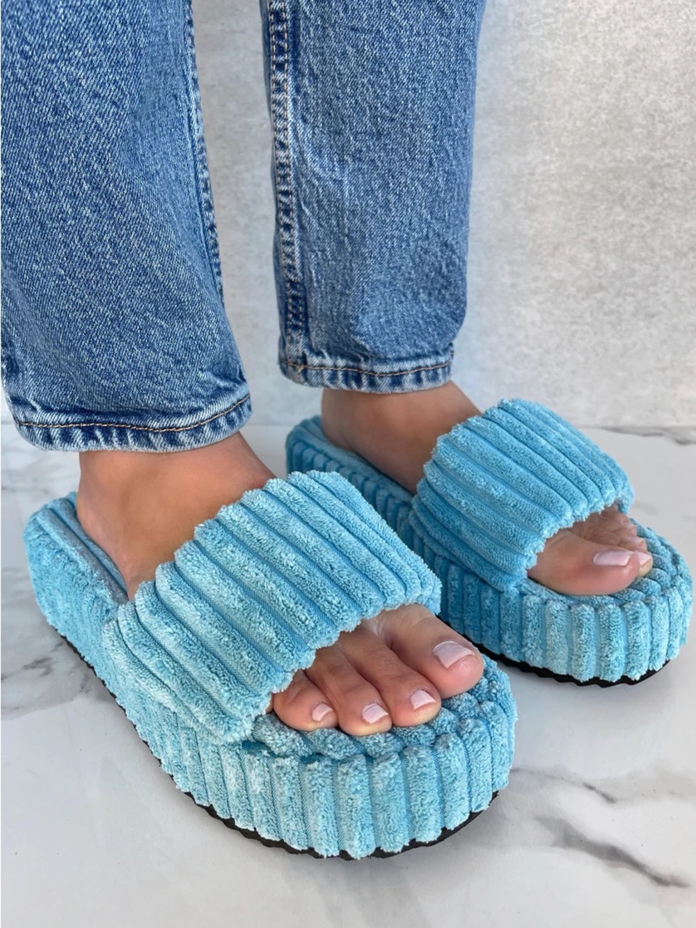 Blue Ribbed Slide Platform Sandals - Women